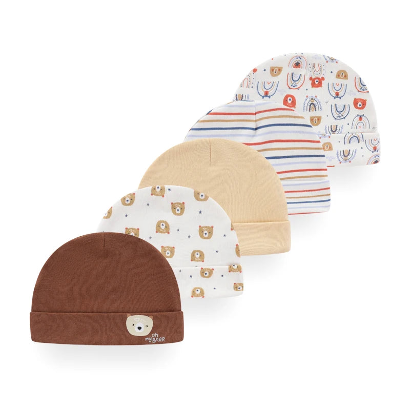 Kiddiezoom 5 Pcs/Lot Fashion Casual Cute 0-6Months Newborn Boy Girl Hats 100%Cotton Soft Infant Caps Baby Accessories