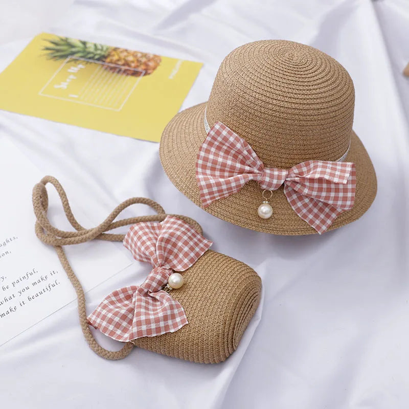 Summer Baby Straw Hat With Handbag Flower Breathable Beach Hat Bags Kids Hat Boy Girls Sun Visor UV protection panama Hat gorras