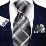 Hi-Tie Designer Grey Plaid Novelty Silk Wedding Tie For Men Handky Cufflink Gift Mens Necktie Fashion Business Party Dropshiping