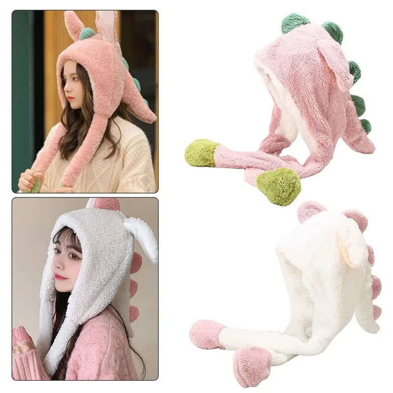 Moving Ears Up Cartoon Cosplay Beanies Skullies Caps Kawaii Keep Warm Dinosaur Winter Hats for Kids Fleece-Lined Cold-proof Hat