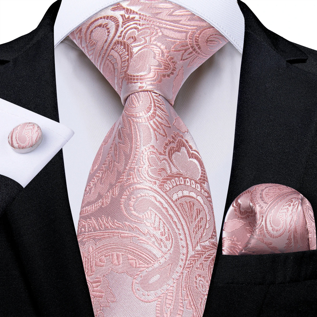 4Pcs Pink Paisley Folral Men Tie Pocket Square Cufflinks Brooch Pin for Wedding Party Groom Accessories 8cm Necktie Gift