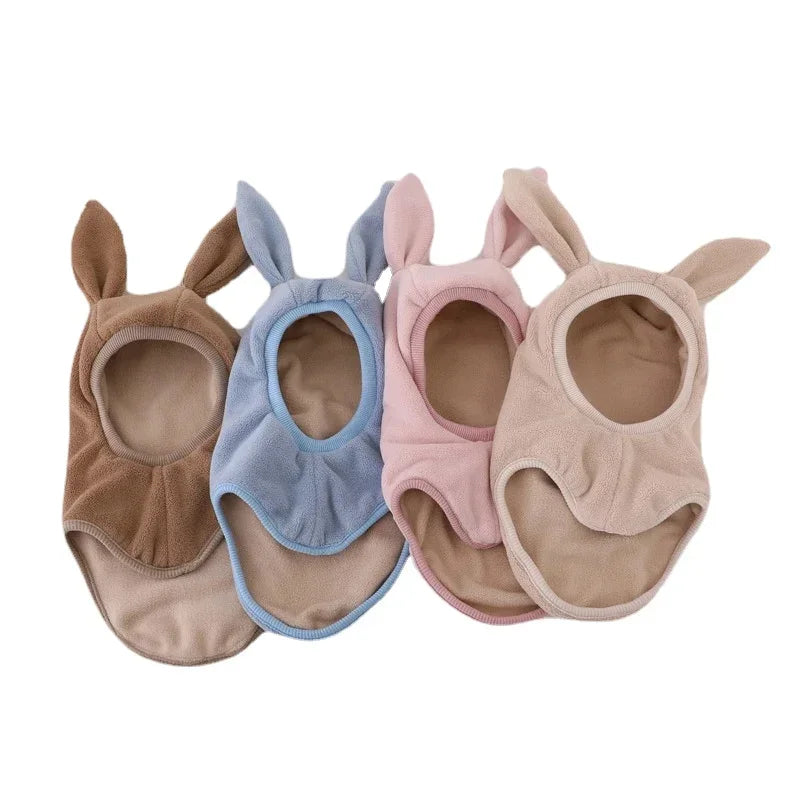 Winter Warm Rabbit Ear Baby One-Piece Hat Kids Ear Protection Cap Boy Girl Outdoor Windproof Hood Beanies Plush Balaclava Hat