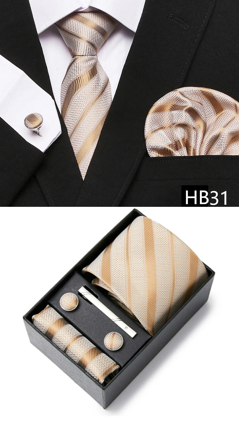 Gravatas For Men Newest design Silk Tie Handkerchief Cufflink Set Necktie Box Striped Blue Office