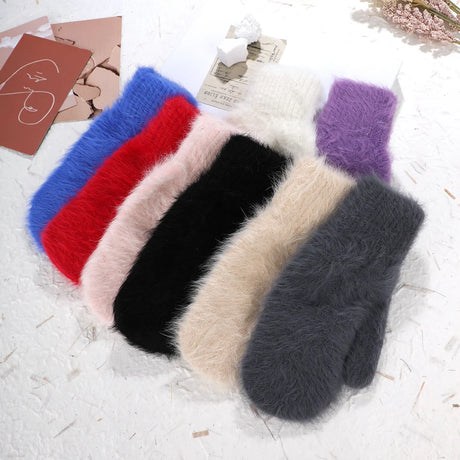 Women Winter Warm Cashmere Gloves Elastic Full Finger Mittens Soft Rabbit Fur Warm Plush Gloves Girls Knitted Riding Gloves