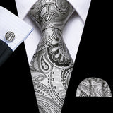 Fashion Mens Ties Set Silk Gray Black Silver White Striped Plaid Solid Paisley Floral Neck Tie Hankderchief Cufflinks Barry·Wang