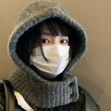 Winter Trendy Balaclava Hats for Men&Women Knitted Hooded Caps Thicken Windproof Drawstring One-Piece Neck Collar Beanies Cap