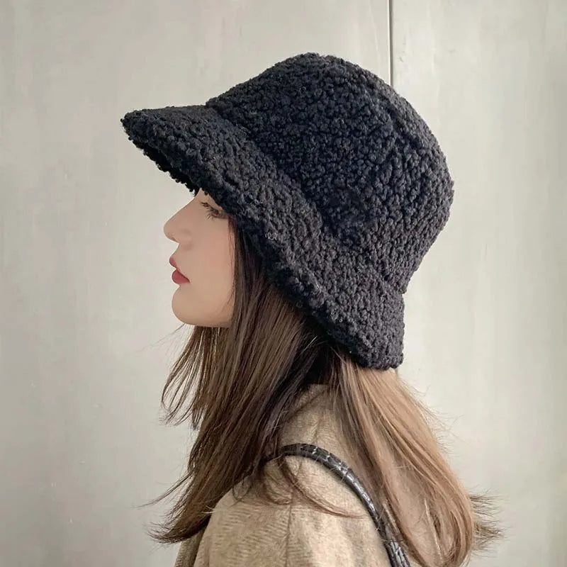 Thicken Lamb Bucket Hat Winter Plush Wool Warm Flat Top Fisherman Hats Outdoor Windproof Panama Bowl Beanie Streets Cap Women