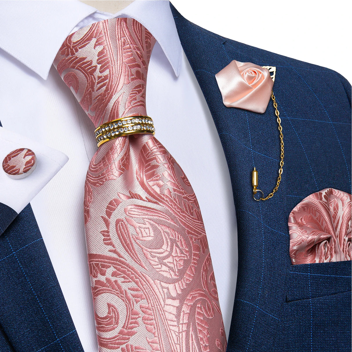 Luxury Red Solid Paisley Silk Ties for Men with Tie Ring Brooch Pin Wedding Party Men Accessories Handkerchief Cufflinks Gift