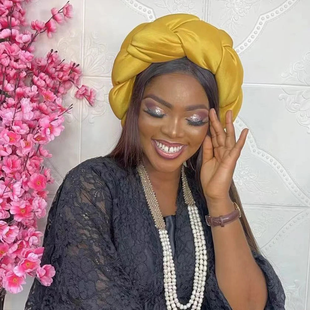 Exaggerated Big Braid Head Band African Raw Silk Turban Cap for Women Nigeria Wedding Party Headpiece Female Headband