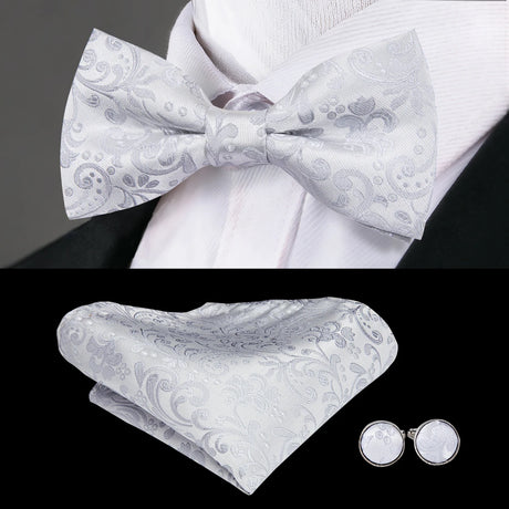 Hi-Tie Black White Silver Grey Brown Silk Mens Bow Tie Hankerchief Cufflinks Set Pre-tied Butterfly Knot Adjustable Bowtie Male