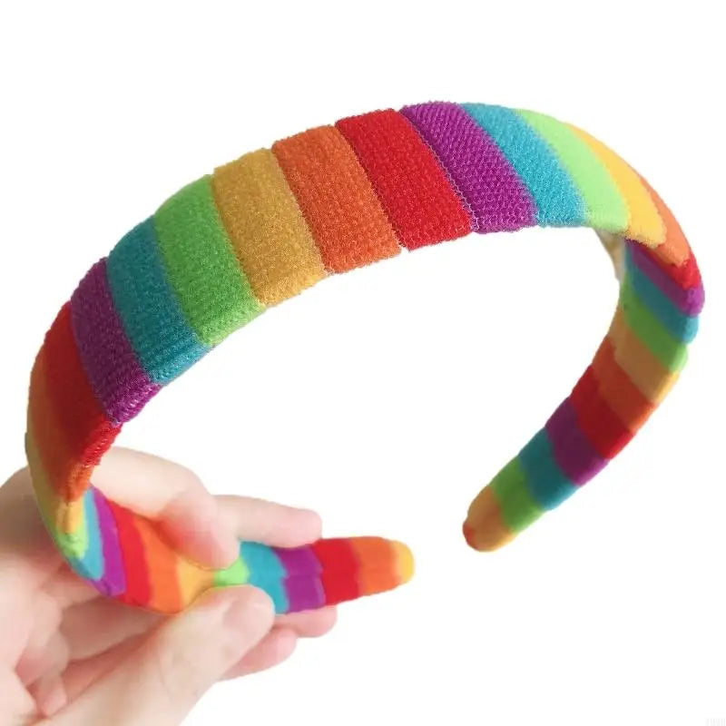 49MB Women Girls Autumn Winter Plush Headband Rainbow Colorful Striped Elastic Hair Hoop Festival Party Wash Face Styling