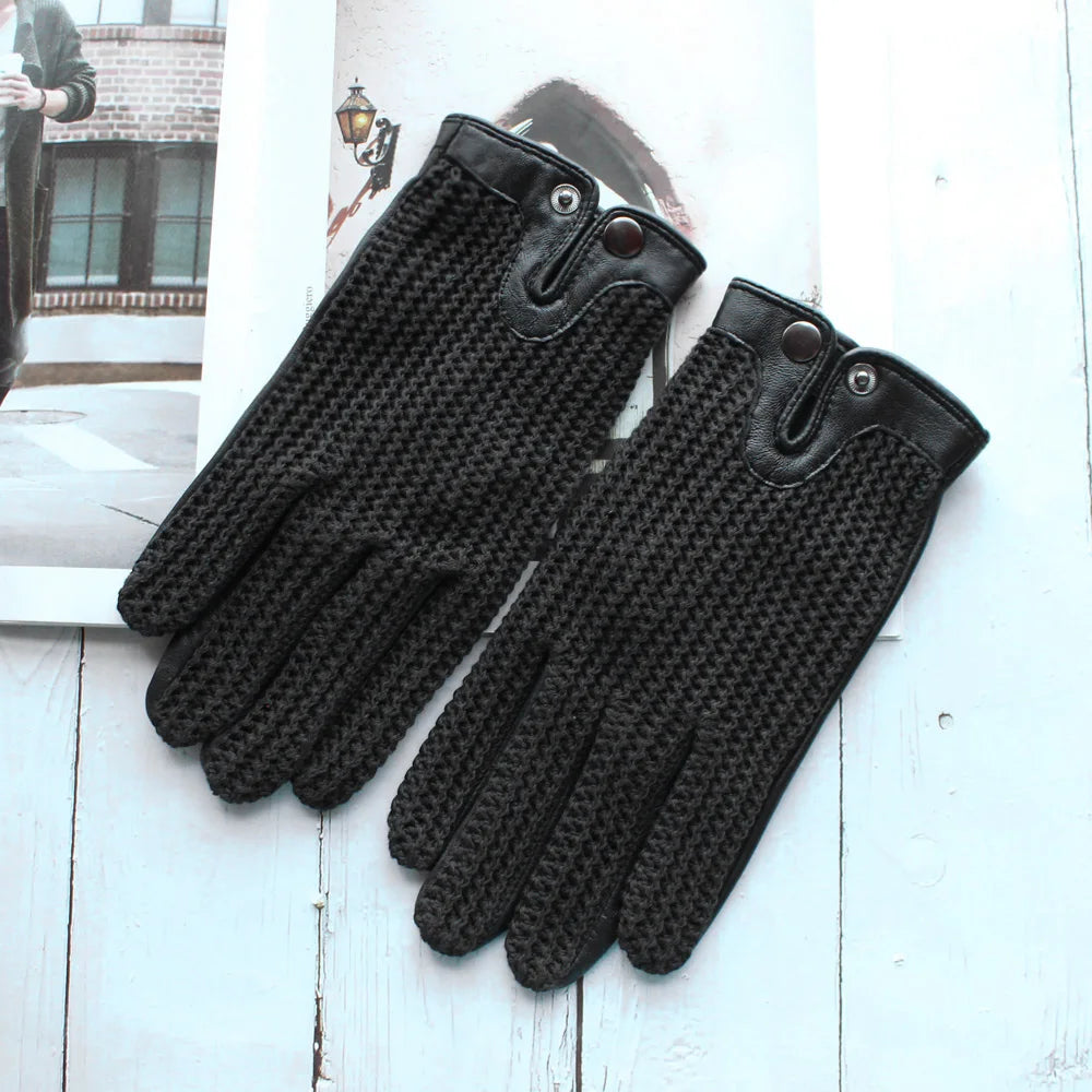 New Men's Leather Driving Anti-Slip Gloves Touch Screen Knitted Riding Motorcycle Gloves Sheepskin