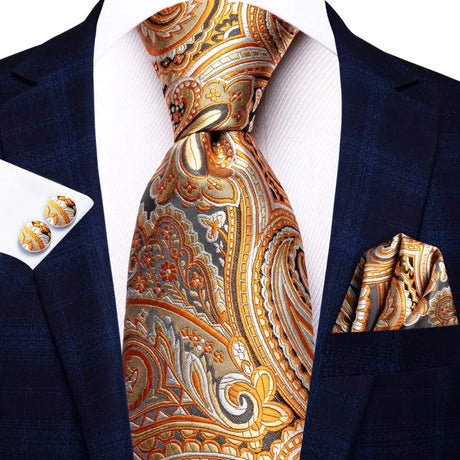 Hi-Tie Luxury Gold Orange Striped Paisley Silk Wedding Tie For Men Hanky Cufflink Gift Mens Necktie Business Party Dropshipping