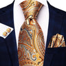 Hi-Tie Luxury Gold Orange Striped Paisley Silk Wedding Tie For Men Hanky Cufflink Gift Mens Necktie Business Party Dropshipping