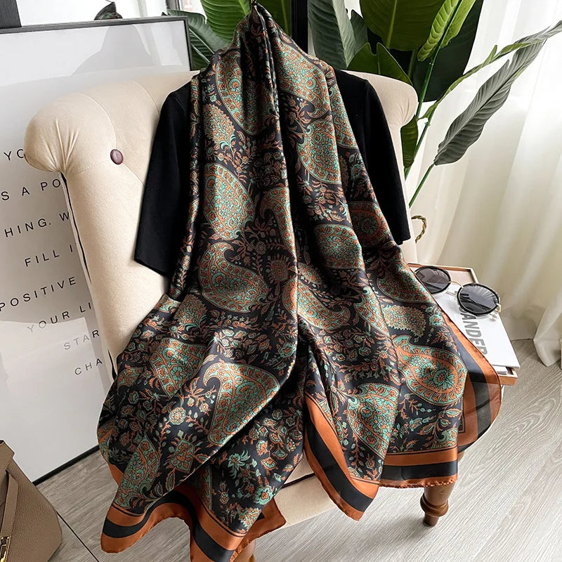 Luxury Brand 180*90cm Classic Summer Women Silk Scarves Female Shawl Foulard Cover-Ups Lady Wrap Bandanna Muffler Beach