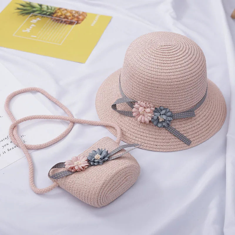 Summer Baby Straw Hat With Handbag Flower Breathable Beach Hat Bags Kids Hat Boy Girls Sun Visor UV protection panama Hat gorras