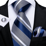 Luxury Blue Striped Polyester Ties for Men 8cm Width Wedding Business Prom Necktie Pocket Square Cufflinks Gift Men Accessories