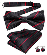 Hi-Tie Striped Black Red Green Silk Mens Bow Tie Hanky Cufflinks Set Pre-tied Butterfly Knot Bowtie for Male Wedding Business