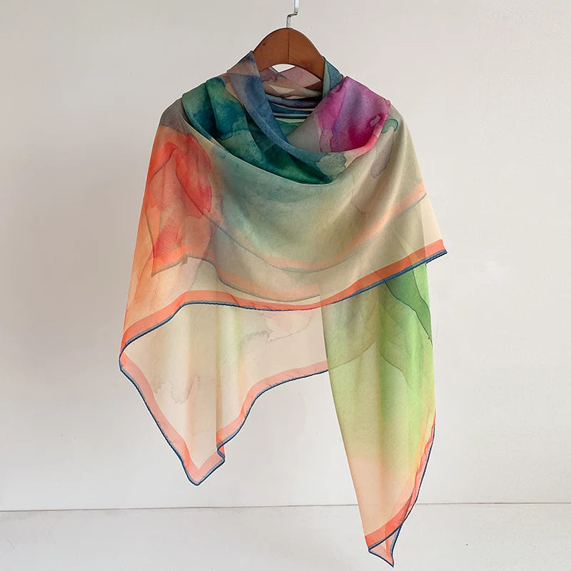 Women Yam Yarn Silk Scarf Big Shawl Fashion Summer Sun Protection Breathable Long Lady Silk Bandana Versatile Wrap Scarves