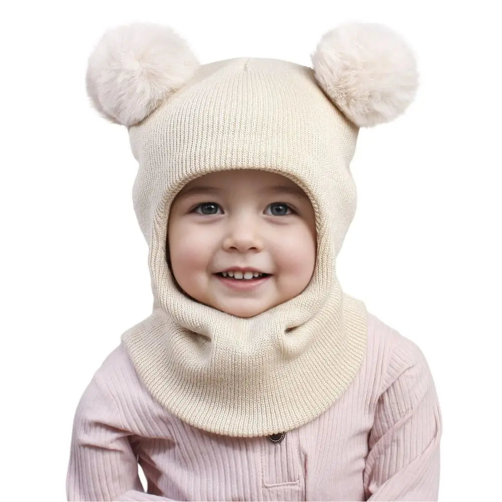 New Cute Balaclava Hats Children Double Balls One-piece Hat Scarf Boys Girls Autumn Winter Pompom Ball Wool Cap