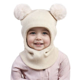 New Cute Balaclava Hats Children Double Balls One-piece Hat Scarf Boys Girls Autumn Winter Pompom Ball Wool Cap