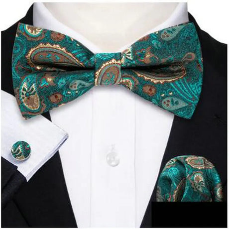 Barry.Wang Silk Mens Bow Tie White Green Pink Purple Jacquard Paisley Floral Pre-Tied Bowtie Hanky Cuffs Set Wedding Business