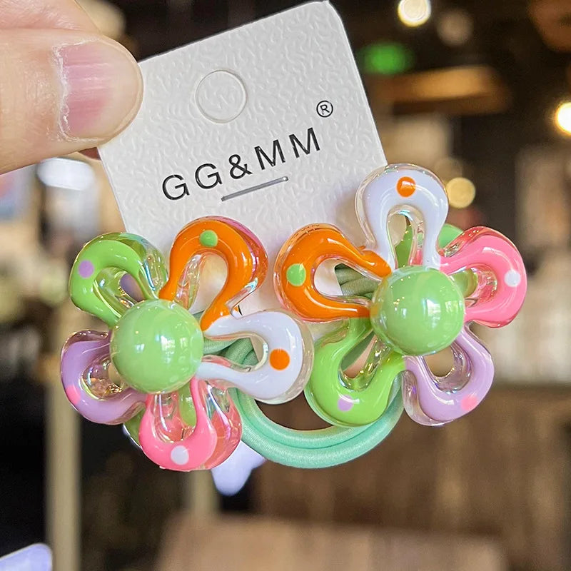 Elastic Hair Bands for Children, Hair Ropes, Color Blocked Flowers, Princess Cute Headwear, Girls Hair Accessories, New, 2Pcs