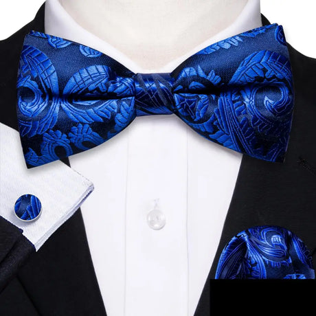 Barry.Wang Navy Royal Sky Blue Silk Mens Bow Tie Jacquard Paisley Floral Pre-Tied Bowtie Hanky Cufflinks Set Wedding Business