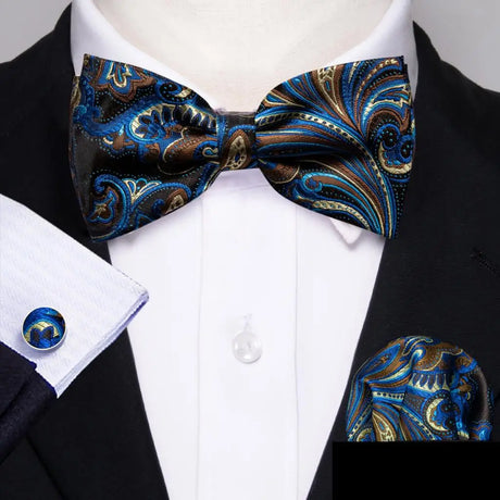 Barry.Wang Navy Royal Sky Blue Silk Mens Bow Tie Jacquard Paisley Floral Pre-Tied Bowtie Hanky Cufflinks Set Wedding Business