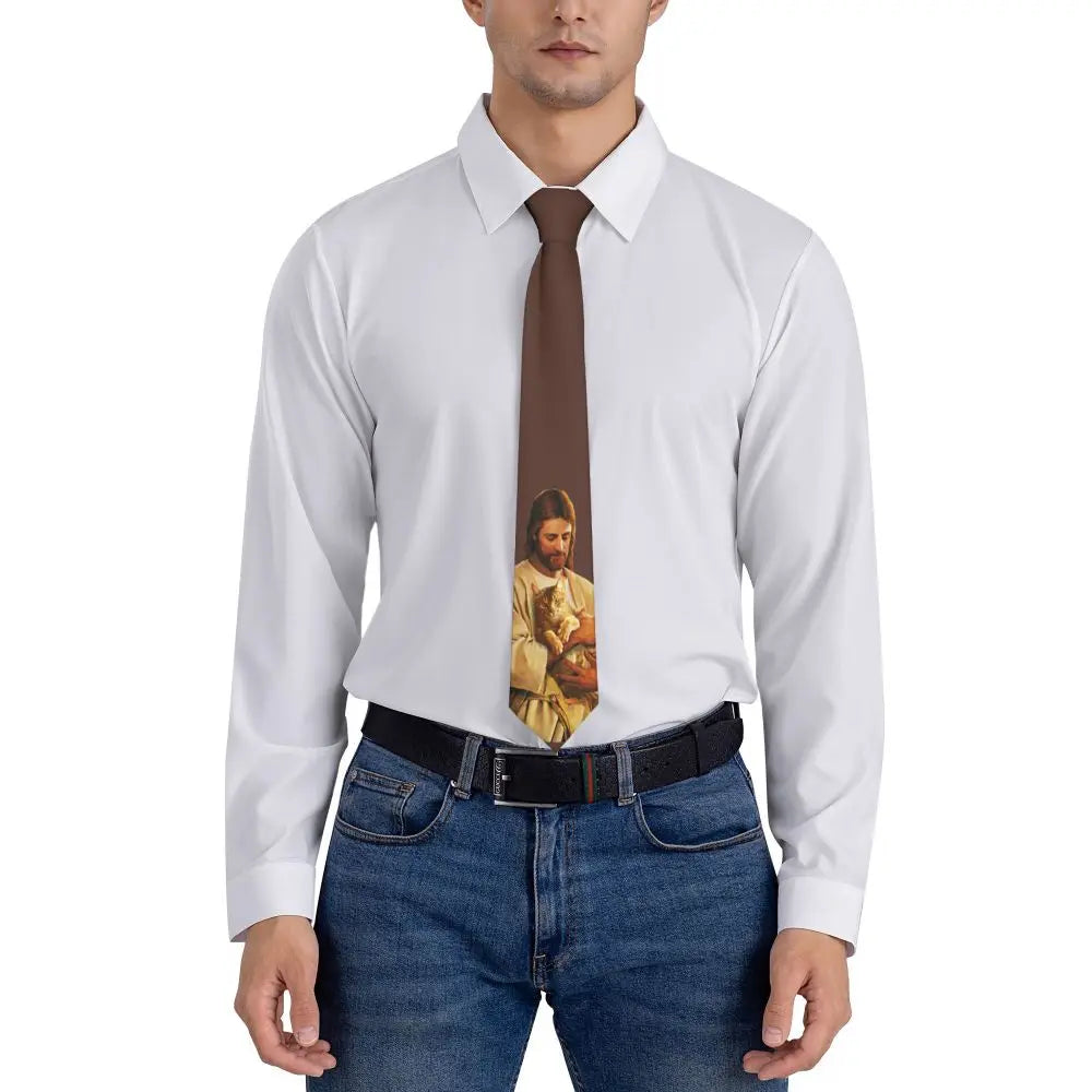 Christ And His Cat Unisex Necktie Silk Polyester 8 cm Wide Jesus Neck Tie for Men Accessories Cravat Wedding Office