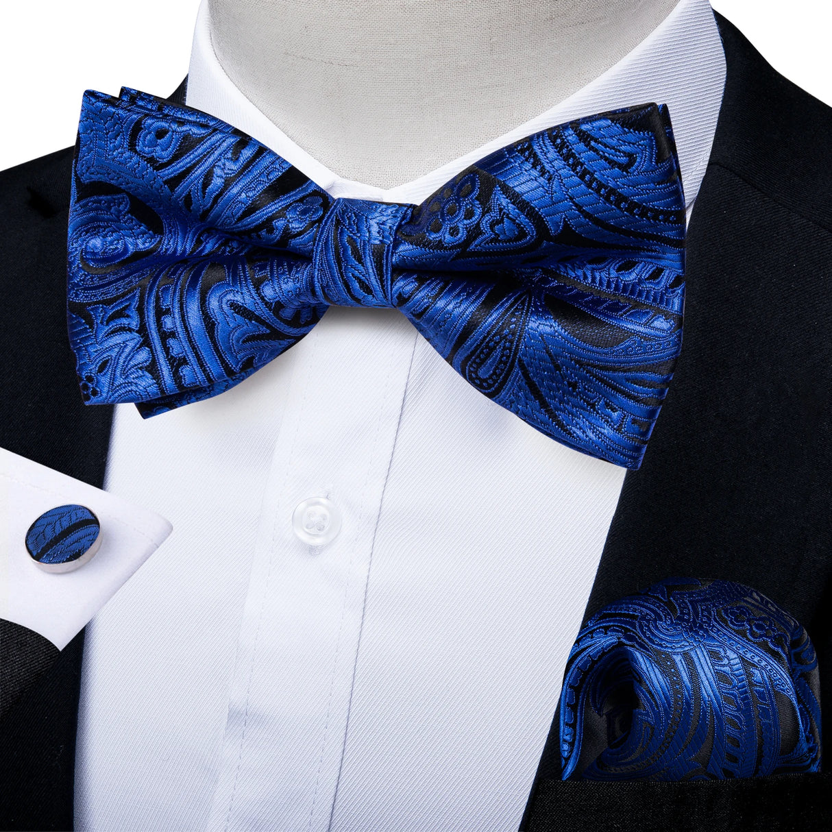 Classic Black Men Bow Ties 100% Silk Bowties Butterfly Pocket Square Cufflinks Set Suit Paisley Gold Pre-Tied Bow Tie DiBanGu