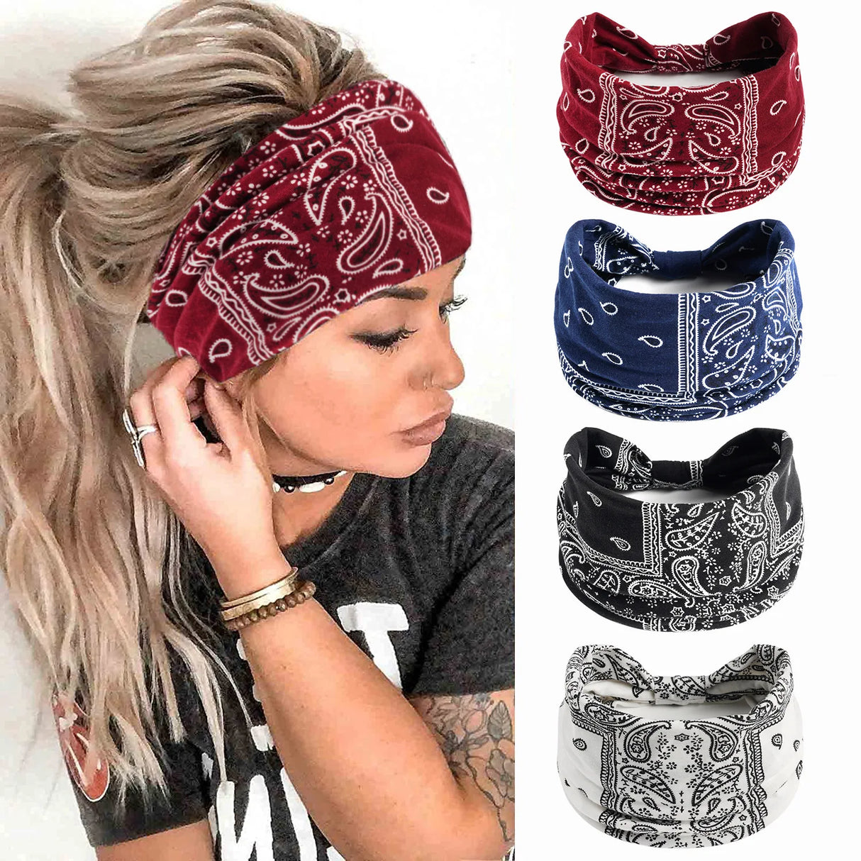 Boho Headbands For Women Fashion Stretch Wide Hair Bands Knoted Turban Yoga Sweatband Elastic Head Bands Stylish Wrap Headbands