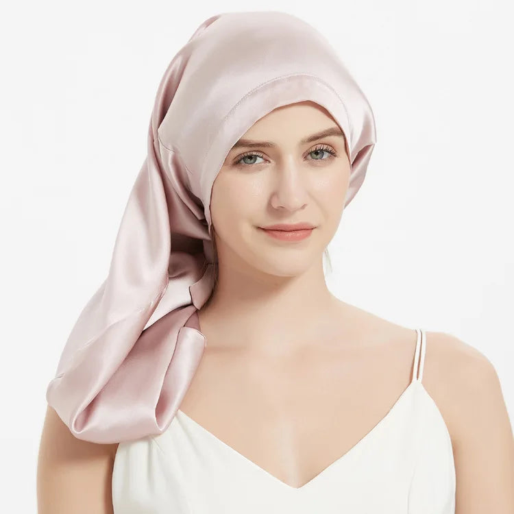 100% Mulberry Silk Sleep Cap for Long & Curly Hair Nightcap with Adjustable Hair Wrap for Woman