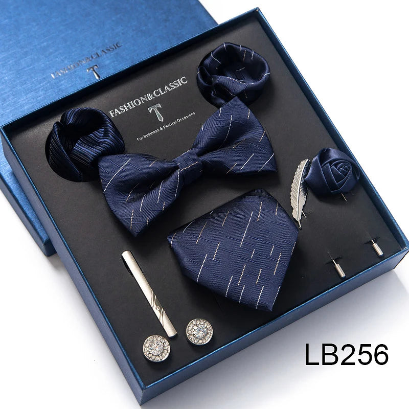 Brand Newest Design Silk Tie Set Handkerchief Pocket Squares Cufflink Bow Tie Clip Necktie Set Bussiness Wedding Suit Gift Box