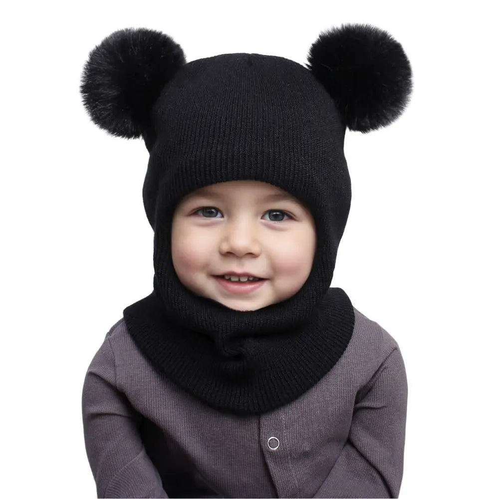 New Cute Balaclava Hats Children Double Balls One-piece Hat Scarf Boys Girls Autumn Winter Pompom Ball Wool Cap