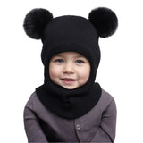 New Cute Balaclava Hats Children Double Balls One-piece Hat Scarf Boys Girls Autumn Winter Pompom Ball Wool Cap