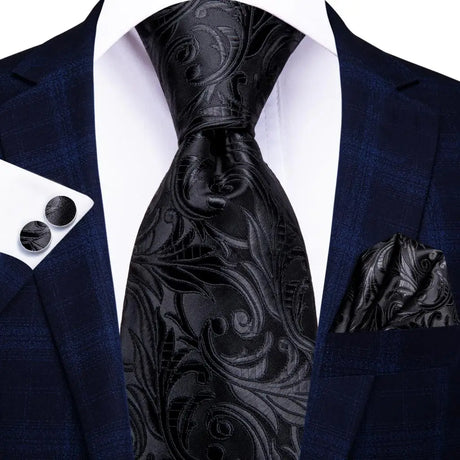 Hi-Tie Black Floral Silk Wedding Tie For Men Handky Cufflink Gift Necktie For Men Fashion Design Business Party Dropshiping