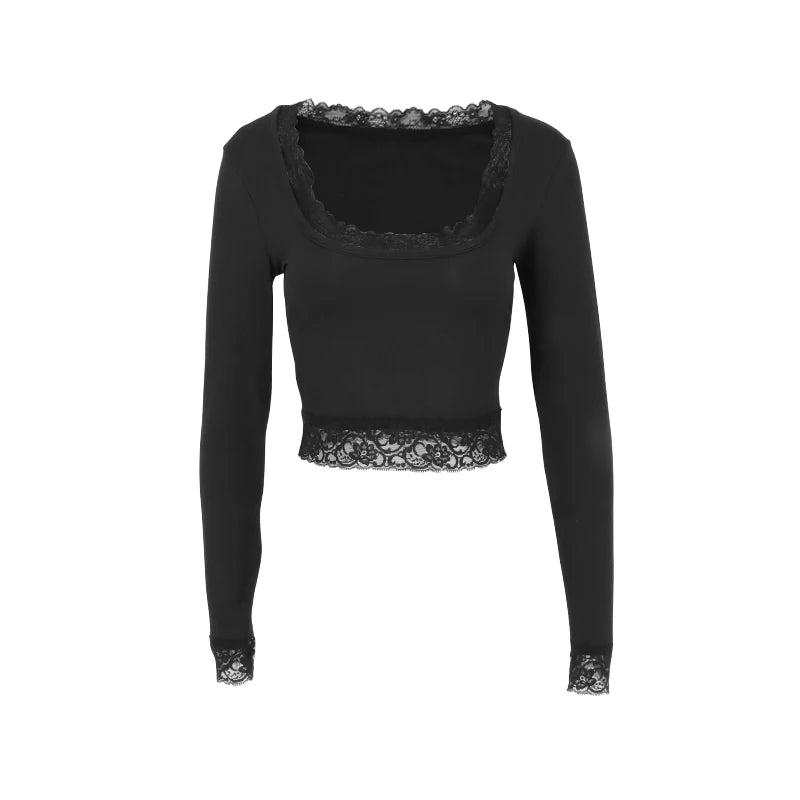 Sexy Black T-shirt Women Autumn New Lace Tees Fashion Streetwear O-Neck Casual Slim Long Sleeves T-shirt Female Versatile Top