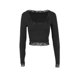 Sexy Black T-shirt Women Autumn New Lace Tees Fashion Streetwear O-Neck Casual Slim Long Sleeves T-shirt Female Versatile Top