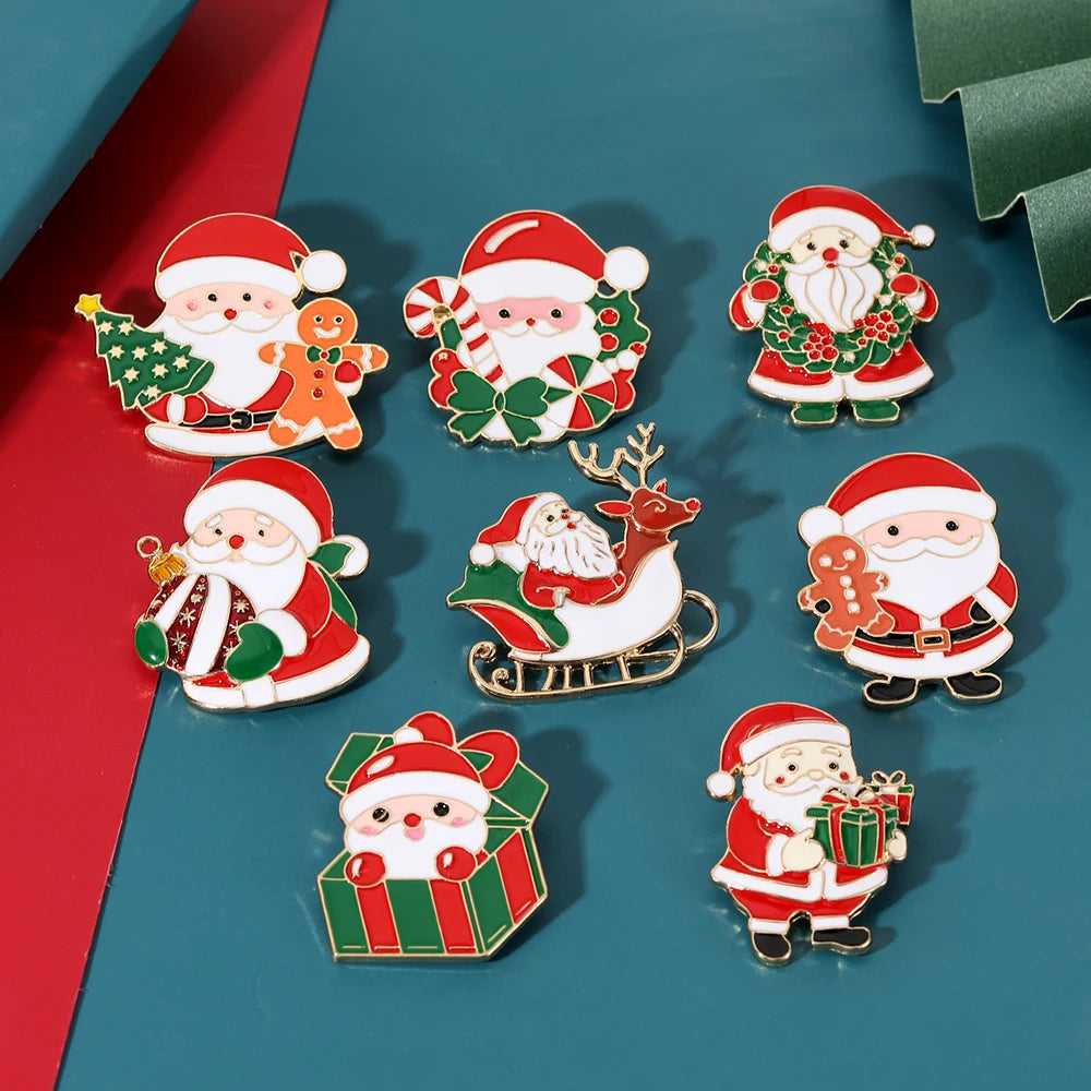 8 Styles Pretty Santa Claus Collection Brooches Candy Canes Wreath Sleigh Reindeer Tree Father Christmas Lapel Pins Xmas Gift