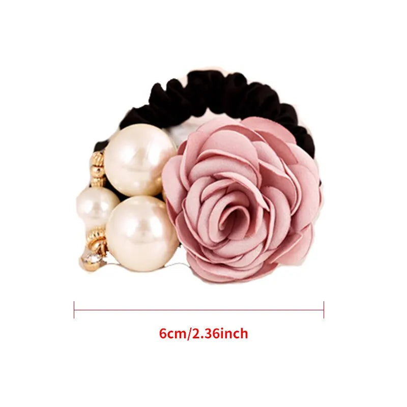Pearl Rose Flower Hair Elastics Bands Hair Ties Stretchy Rubber Hairbands Floral Headbands Scrunchies Ponytail Holder