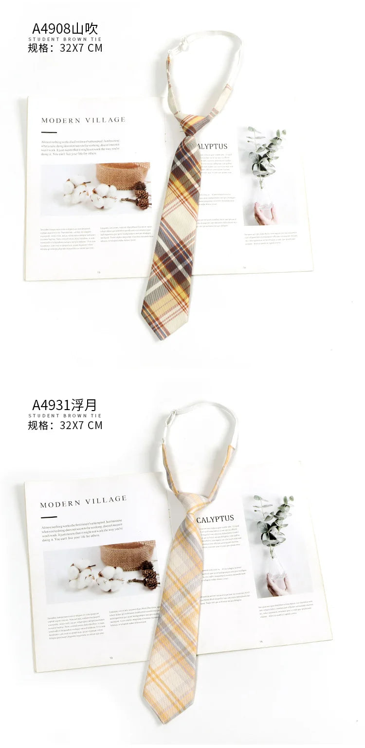 Brown Retro Plaid Striped Lazy-Free Japanese Style Brown Tie Women's Junior Wear Bow Tie College Style Men's Fashionmariage bleu