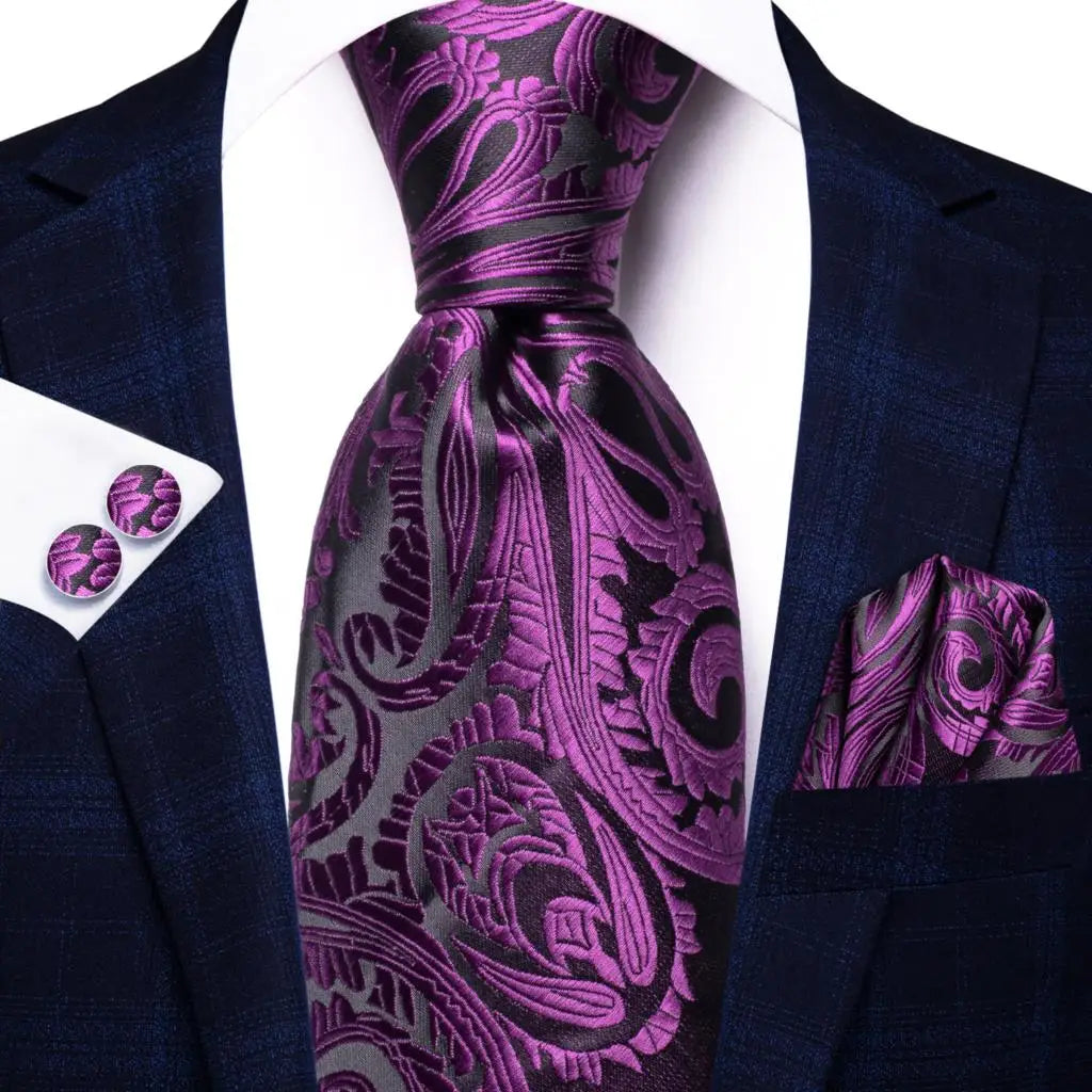 Hi-Tie Purple Lilac Floral Striped Silk Elegant Tie For Men Groom Wedding Men Necktie Pocket Square Cufflink Accessory Wholesale