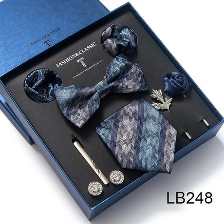 Brand Newest Design Silk Tie Set Handkerchief Pocket Squares Cufflink Bow Tie Clip Necktie Set Bussiness Wedding Suit Gift Box