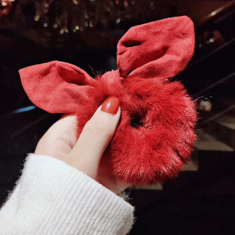 Women Girl Cute Cartoon Hair Scrunchies Panda Cows Cat Rabbit Plush Elastic Hair Bands Sweet Pontail Ties Christmas Accessories