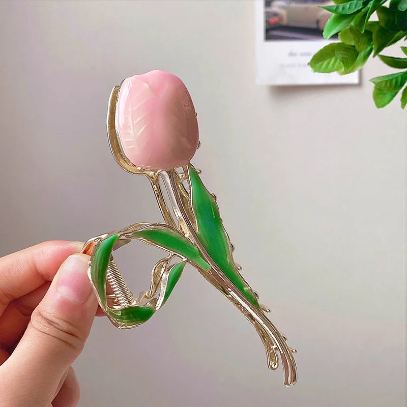 New Tulip Hair Claw Flower grace Shark Clip Headdress Vintage Ponytail Claw Clip Trendy sweet HAIR CLIP FOR GIRL Hair Jewelry