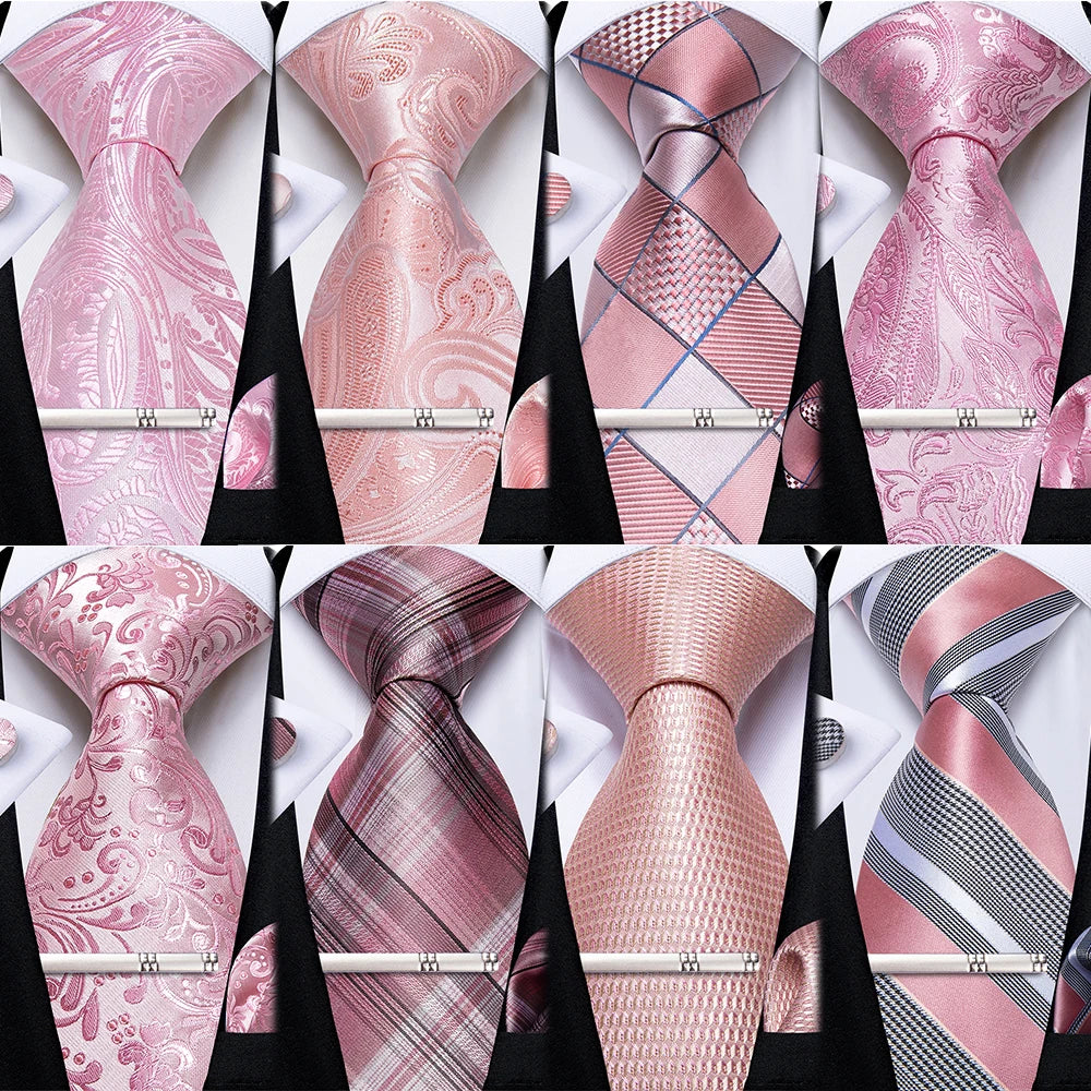 Pink Striped Floral Solid Paisley 8cm Silk Men's Tie Set Handkerchief Cufflinks Wedding Business Prom Accessories Tie Cravat