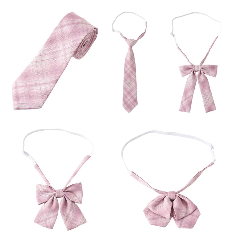 Adjusted Pre-Tied Necktie Elegant Pink Checkered Neck Tie Japanese JK Cosplay Bowtie Bowknot for School Uniform Neckwear