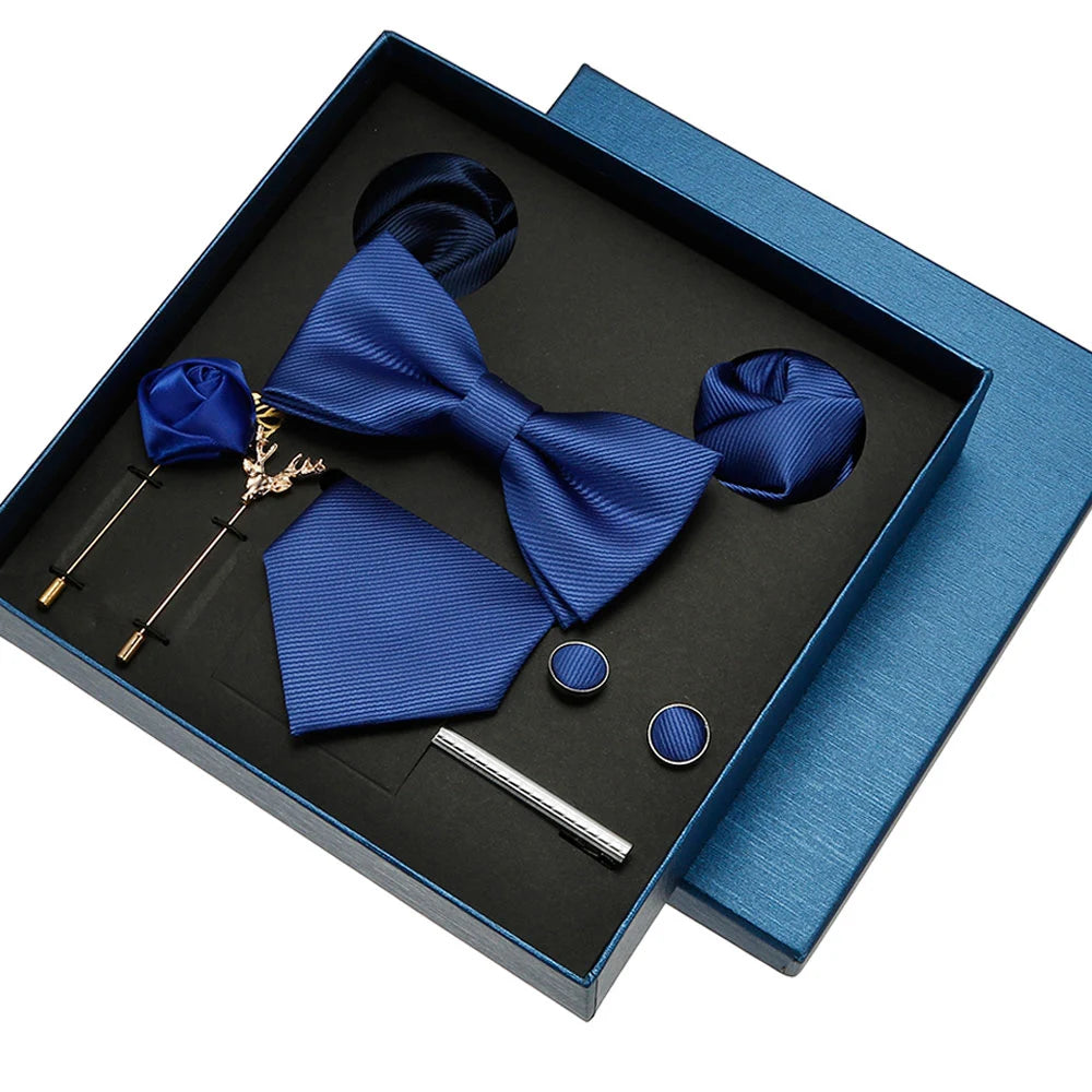 Plain Tie Set For Men Solid Color Necktie Pocket Square Brooch Gift Box For Wedding Business Luxury 8pcs Mens Gift Gravatas