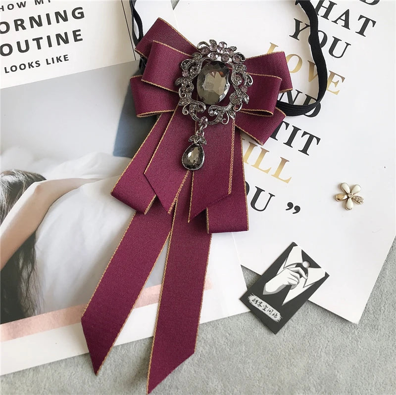 Rhinestone Bow Tie Women's Graduation Photo Student School Uniform Tie Ribbon Sweet Literary and Art Plaid Bowtie Collar Flower